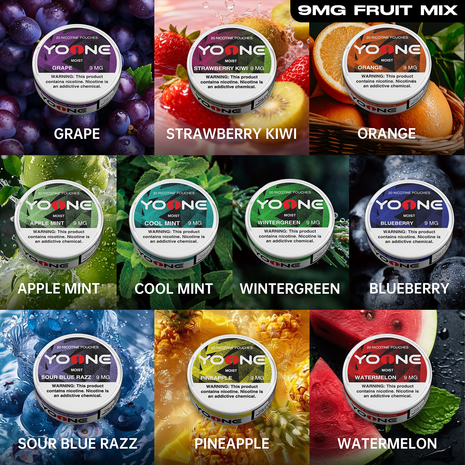 YOONE Pouches 9MG(Fruit) package(Buy 5 Get 5 Free) 7 fruits 3 mints